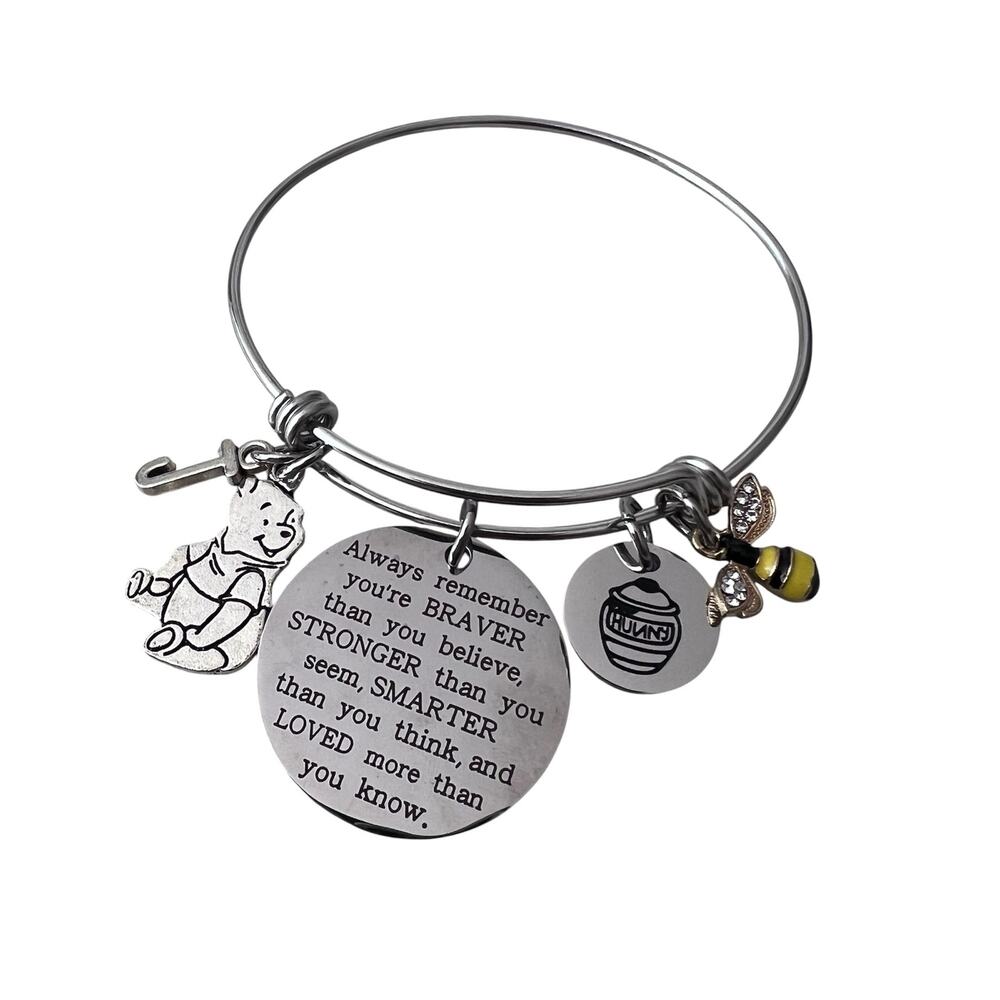 Winnie the Pooh Bangle Charm Bracelet Initial J Braver Stronger Smarter Disney